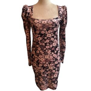 Betsey Johnson Pink Floral Velvet Long Puff Sleeve Mini Dress Wedding Cocktail M